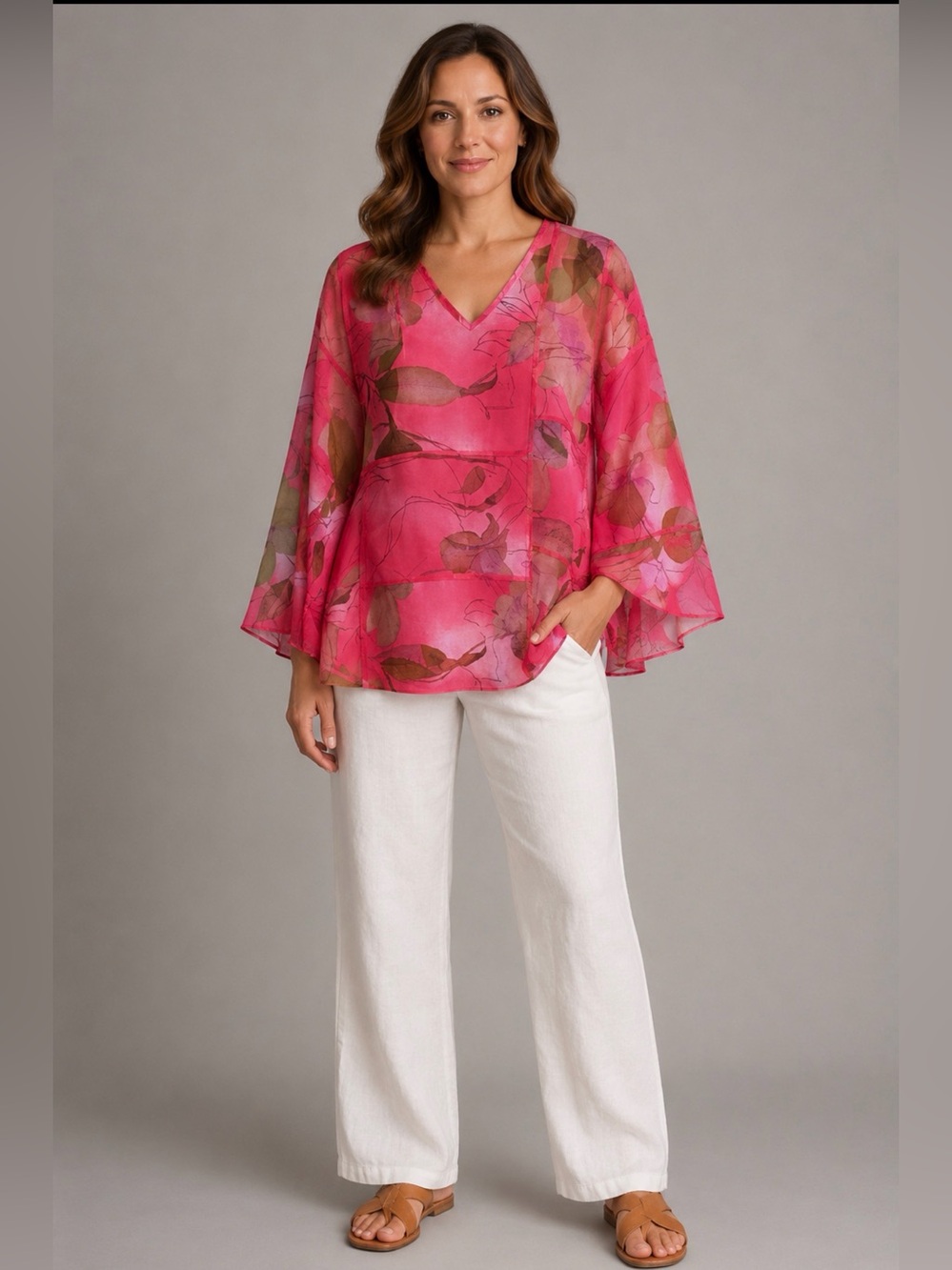 Plus Size Extended Mirasol Woman 1X Pink Floral Tunic Blouse Bell Sleeve Defect